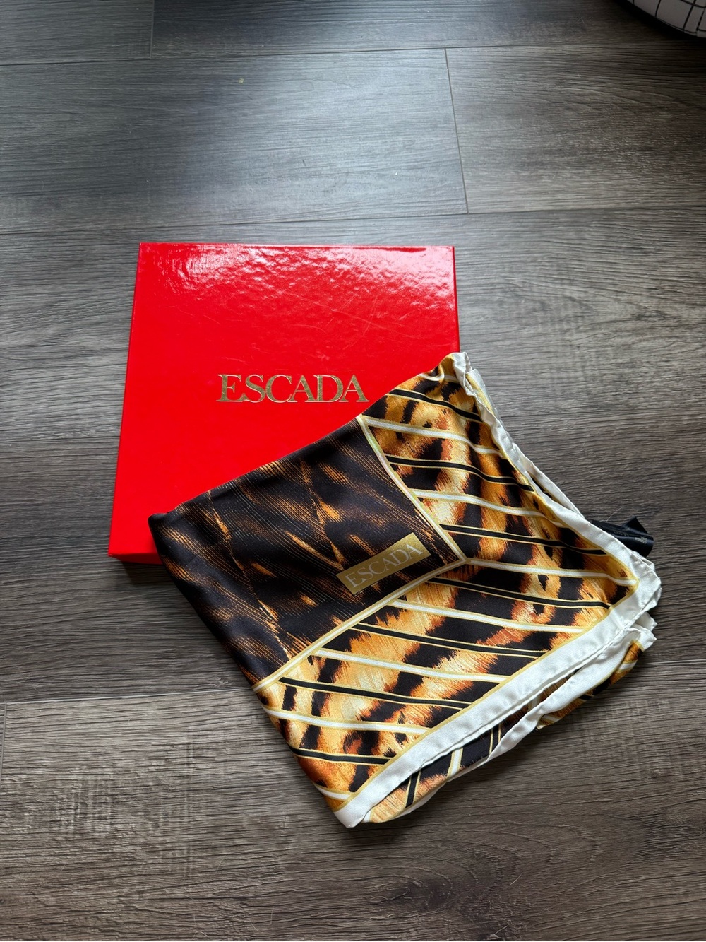 Vintage Escada Animal Print 100% Silk Scarf in Brown & Gold